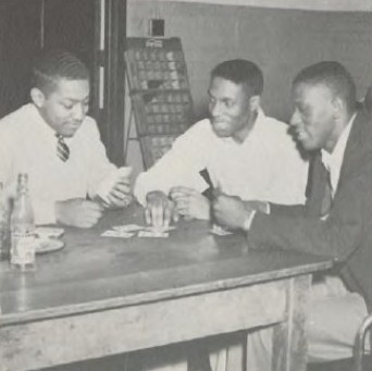 Epslion Alpha Chapter Brothers playing cards in the engineering room Blockhouse yearbook 1956